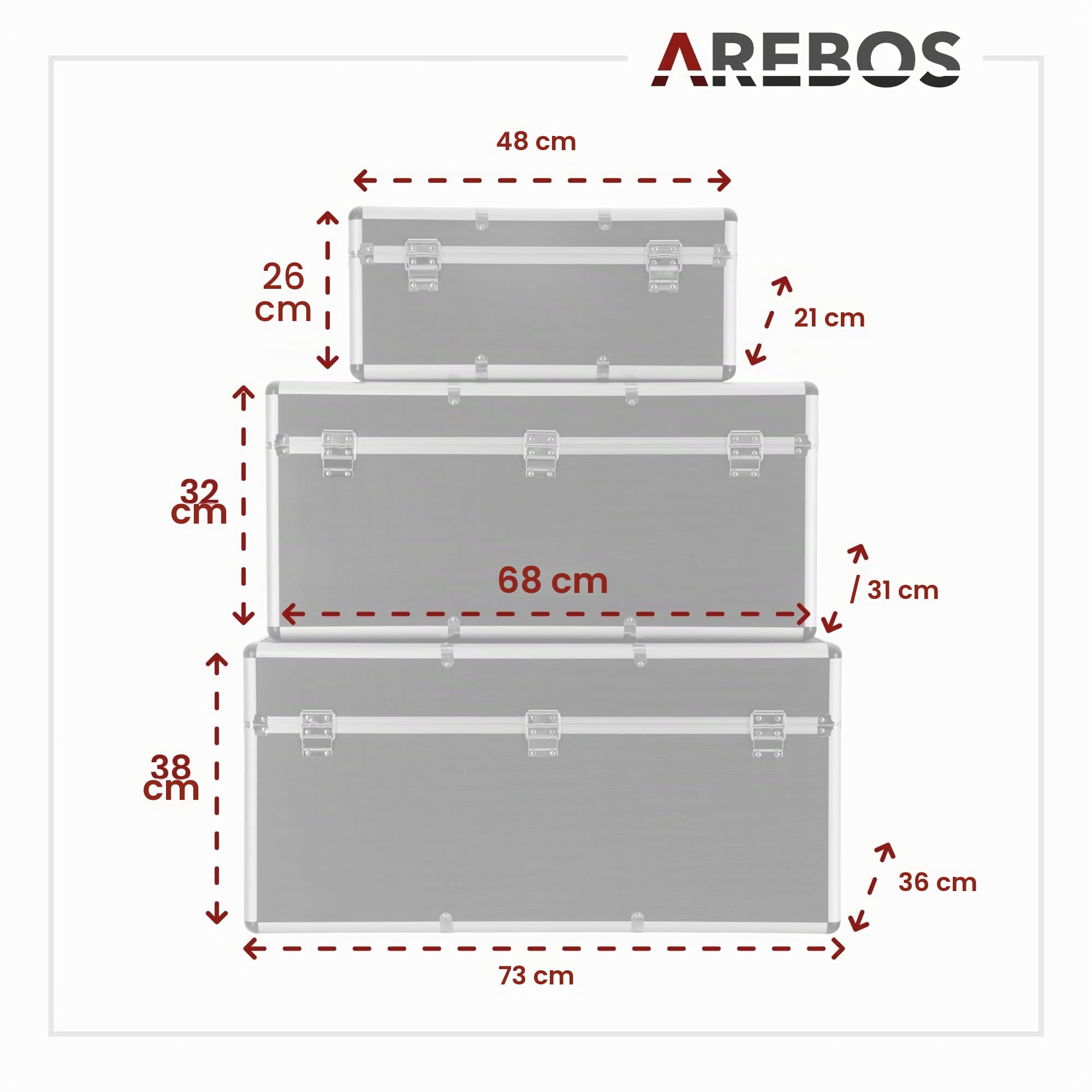 Arebos Set di 3 valigie da trasporto | Alluminio | Volume totale 200 L | Chiudibili a chiave | Maniglie di trasporto incluse | Impermeabili | Scatole da trasporto | Valigie da trasporto portatili