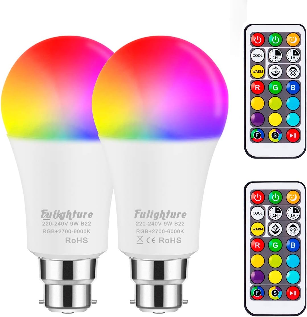 Colour Changing Light Bulbs, RGB Colours + Warm +Cool White, Mood Lighting with Remote Control, A60 B22 Bayonet LED Dimmable Colour Bulbs, Night Light with Dual Memory Timing Function, Pack of 2 [Energy Class A+]