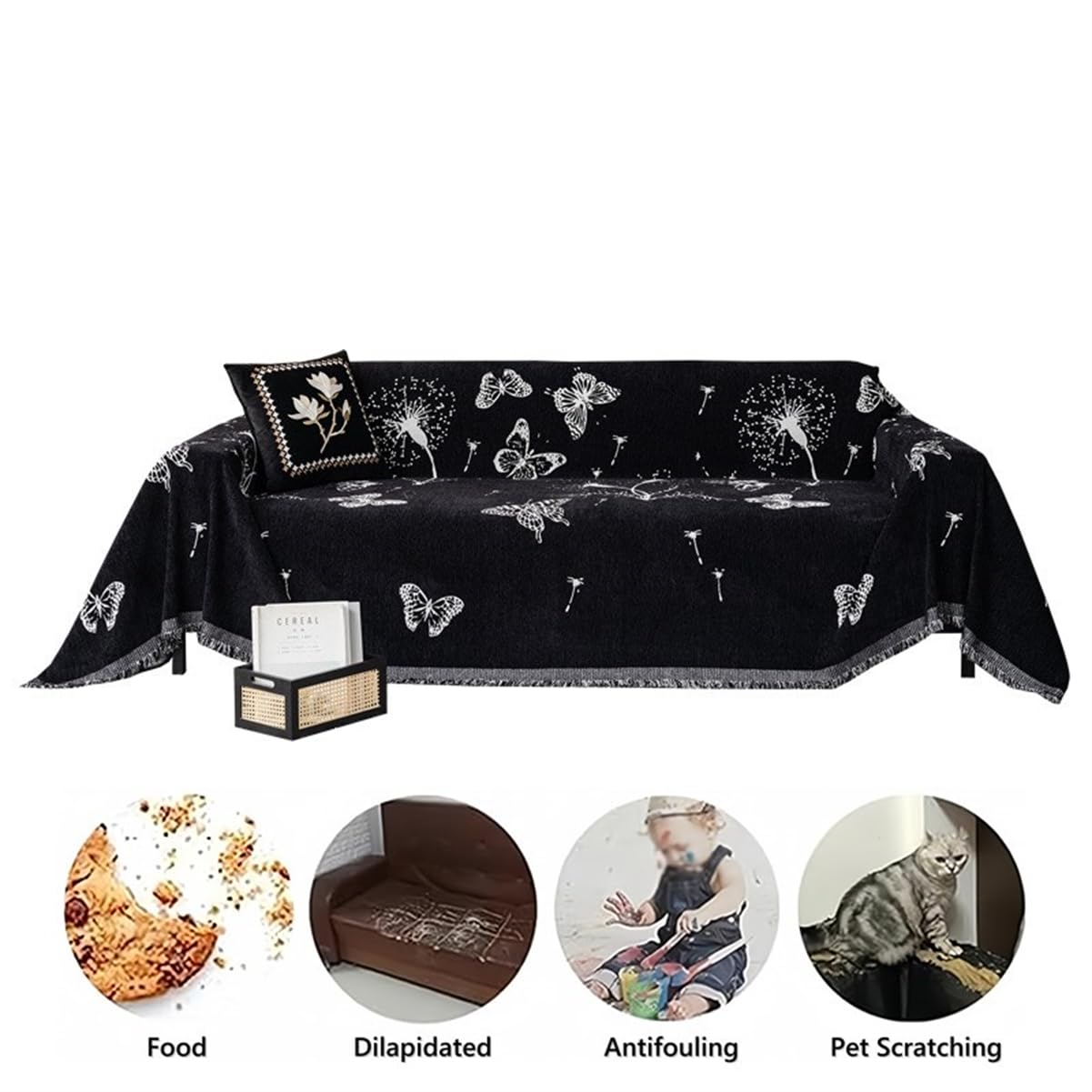 Copridivano Reversibile Motivo a Farfalla e Tarassaco Copridivano Matrimoniale Nappa Copripoltrona Coperta da Letto Antiscivolo Antipolvere AntiGraffio Copridivano (Oro,180x230 cm)