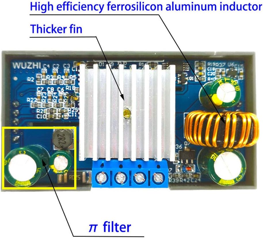 Top-down view of the ZK-4KX module's circuit board, highlighting the high efficiency ferrosilicon aluminum inductor, thickened fin (heat sink), and pi filter.