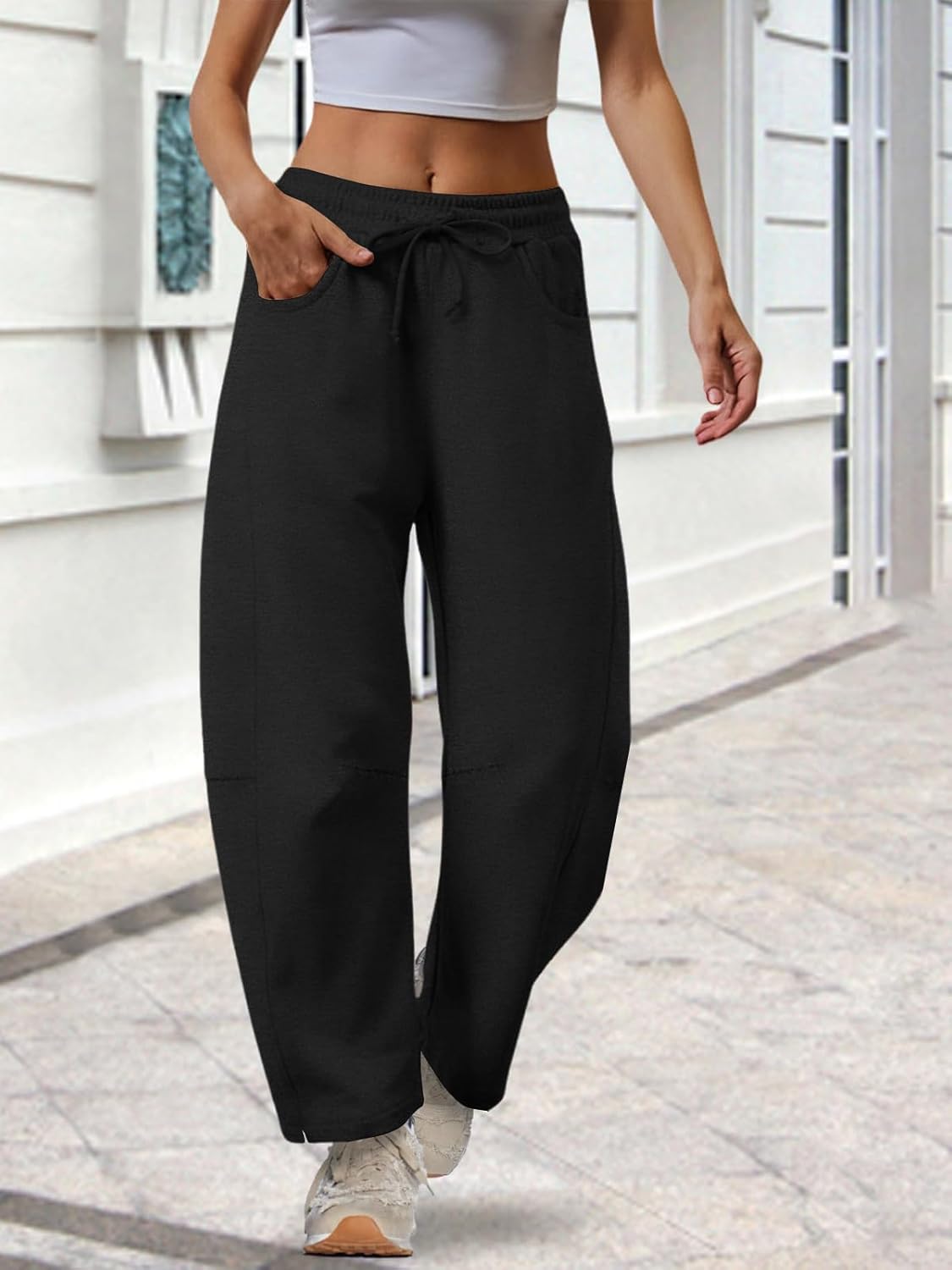 Barrel Sweatpants Women Casual Baggy Wide Leg Gym Trousers with Pockets Black XS - Image 2