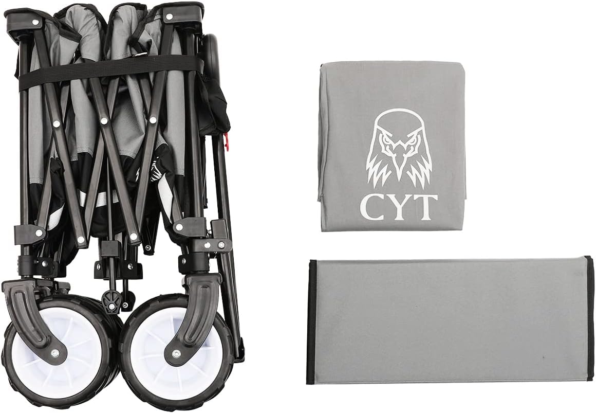 CYT Folding Beach Wagon with Large Space Collapsible Portable Heavy Duty Utility Cart with Adjustable Handle&Large Wheels for Camping,Garden,Shopping
