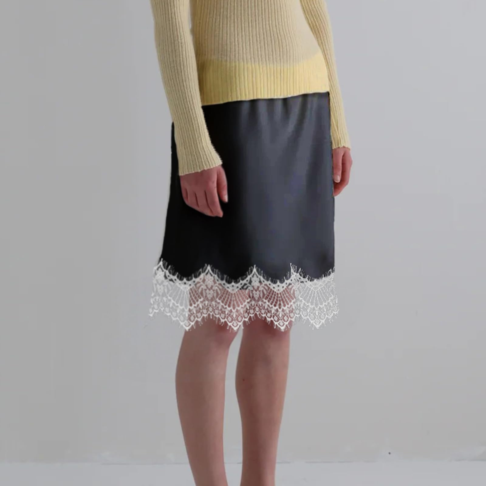 Sexy Outfit Damen-Halbslip aus Satin mit Spitzenbesatz, elastischer Taille, kurzer Unterrock, Petticoat für Unterkleider, weicher Slip-Rock in den britischen Größen 6–24