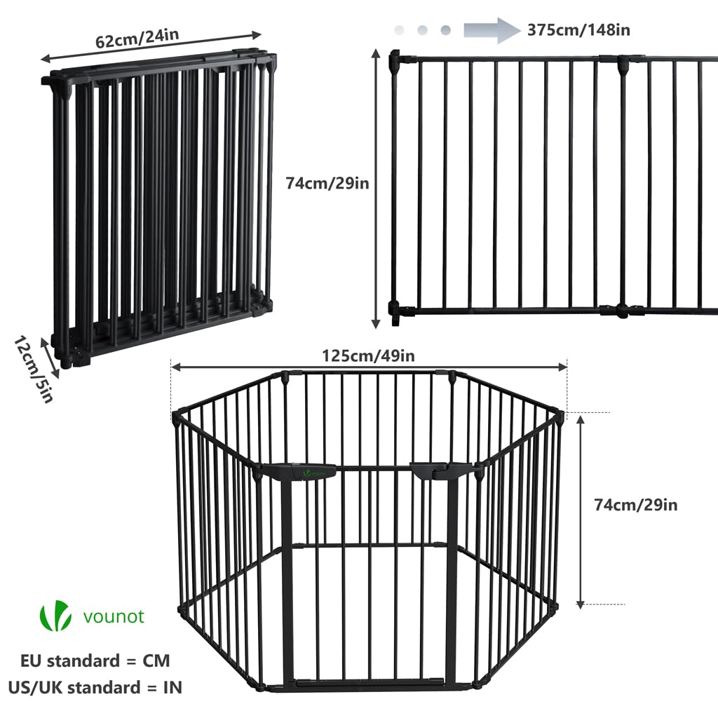 VOUNOT® Barrière de Sécurité Enfant Barrière de Protection Cheminée Pliable Parc Enclos Multi-Fonction sans Perçage Barrière Chien 6 Panneaux Pré-assemblé 3.75M Noir