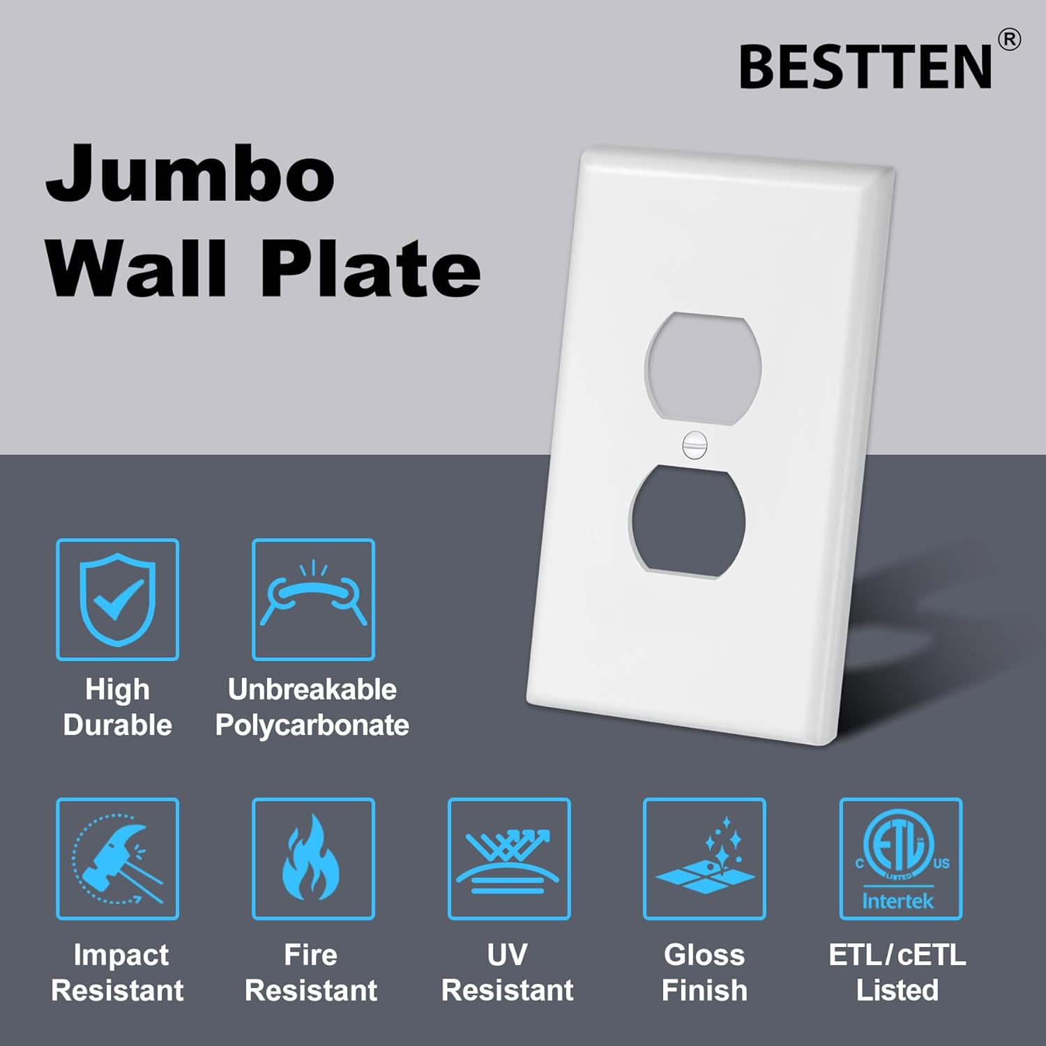 BESTTEN Jumbo Duplex Receptacle Outlet Covers, 50 Pack 1-Gang Over-Size 5.5" x 3.5" Wall Plates, Unbreakable Polycarbonate Dual Outlet Switch Covers, ETL Listed, White