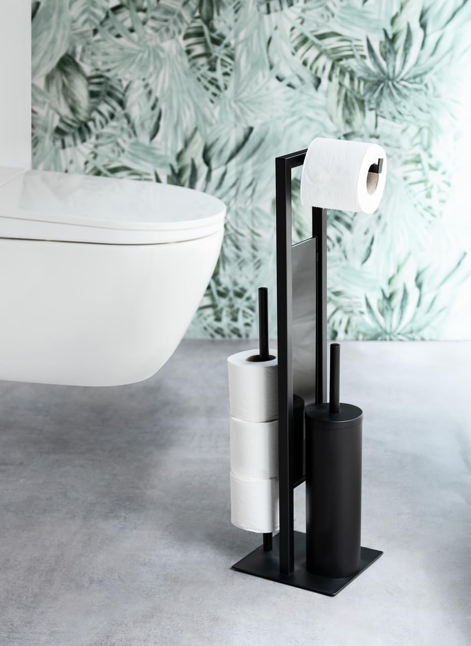 WENKO Stand WC-Garnitur Mod. Rivalta geschlossene Toilettenbürstenhalter Kombination aus matt lackiertem Stahl und Sicherheitsglas mit Toilettenpapier- und Ersatzrollenhalter Schwarz 18 x 70 x 23 cm