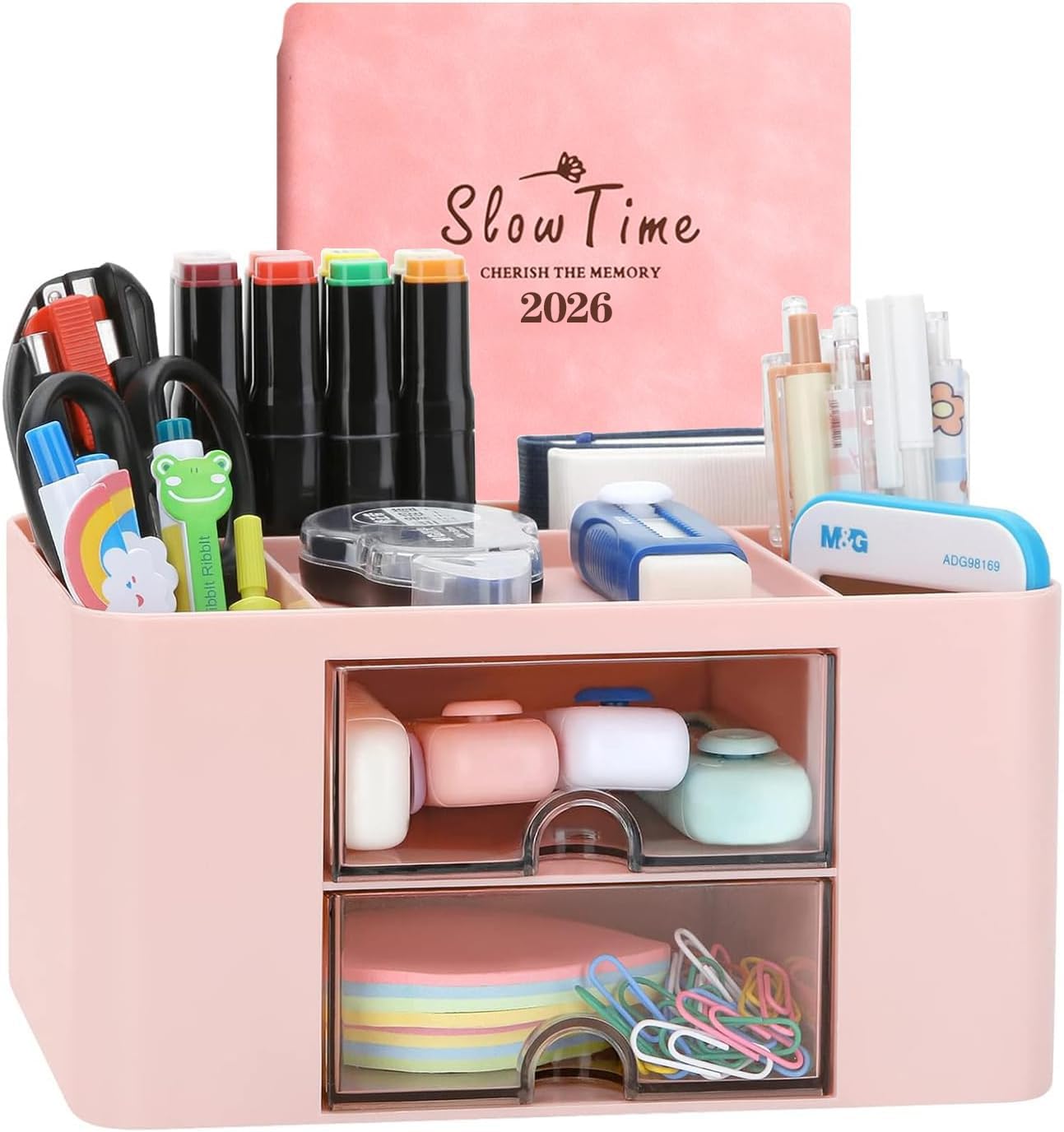 Wlevzzor Pink 7-Grid Plastic Desk Organiser with Drawer