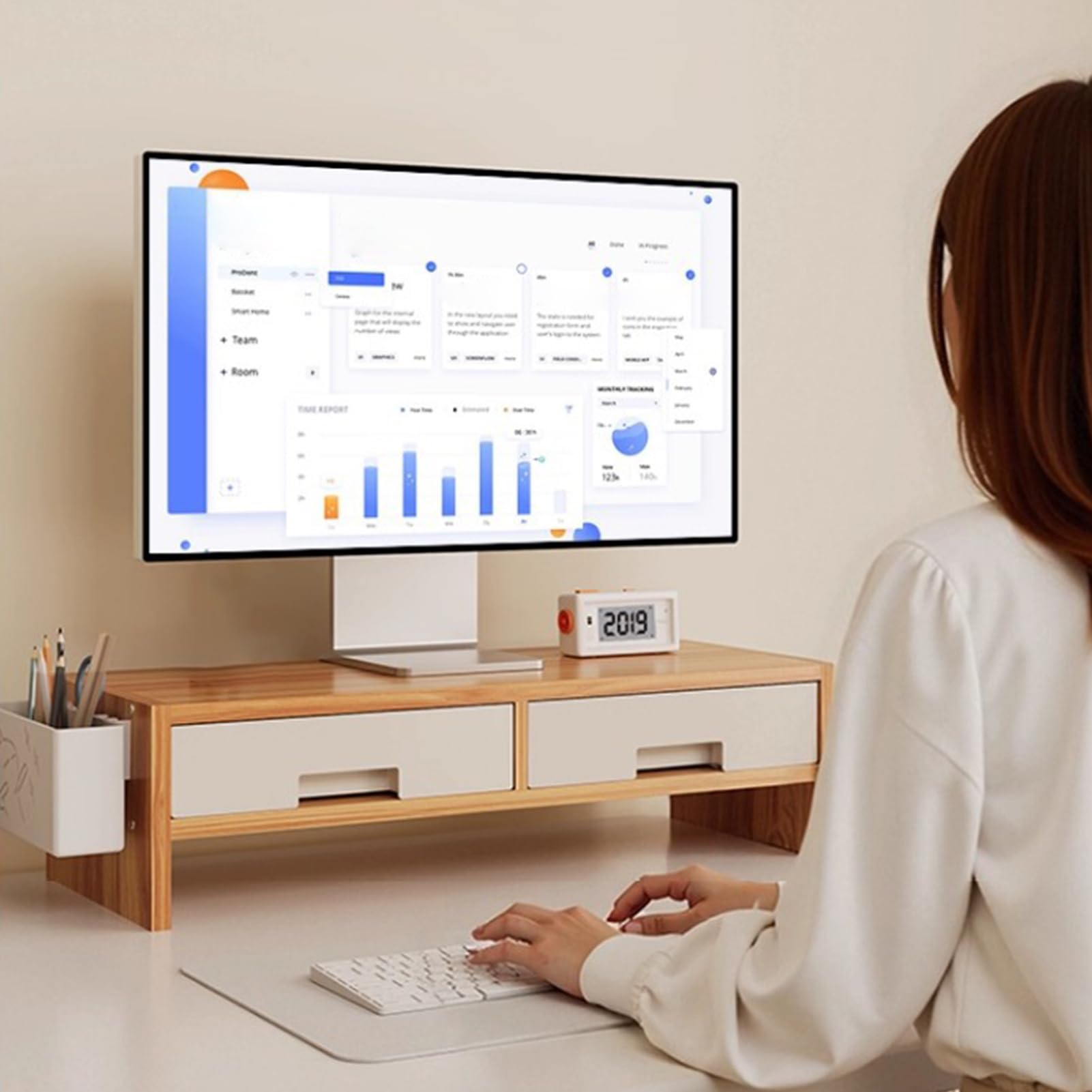 Generico Alzaschermo Organizzatore Ergonomico Con Doppio Cassetto | Alzatore Monitor Per Scrivania Computer Per Famiglia E Casa Uso Interno Studio Camera Da E Stanza