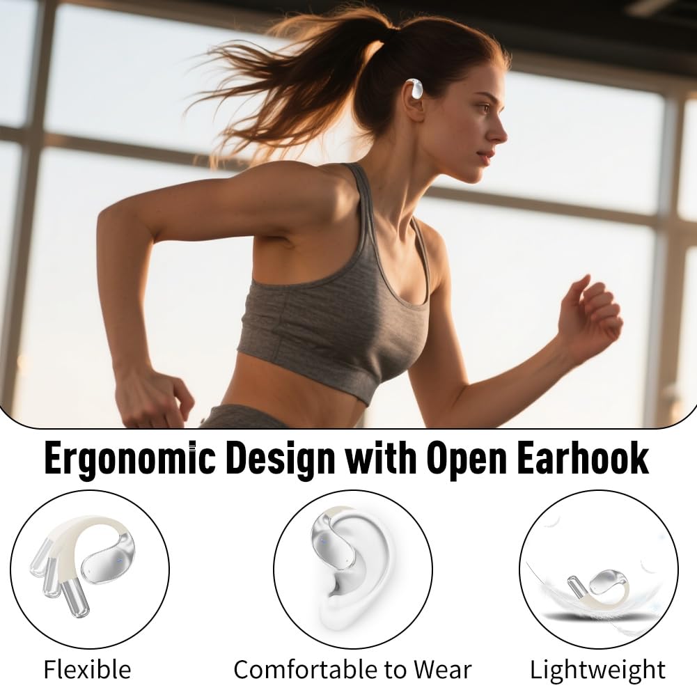 Caijin Auricolari Sportivi Bluetooth Wireless con Tecnologia Bluetooth 5.4, Design con Gancio Aperto, Bassi Potenti, Riduzione del Rumore ENC, Impermeabilità IP54, 60 Ore di Riproduzione (Bianco)