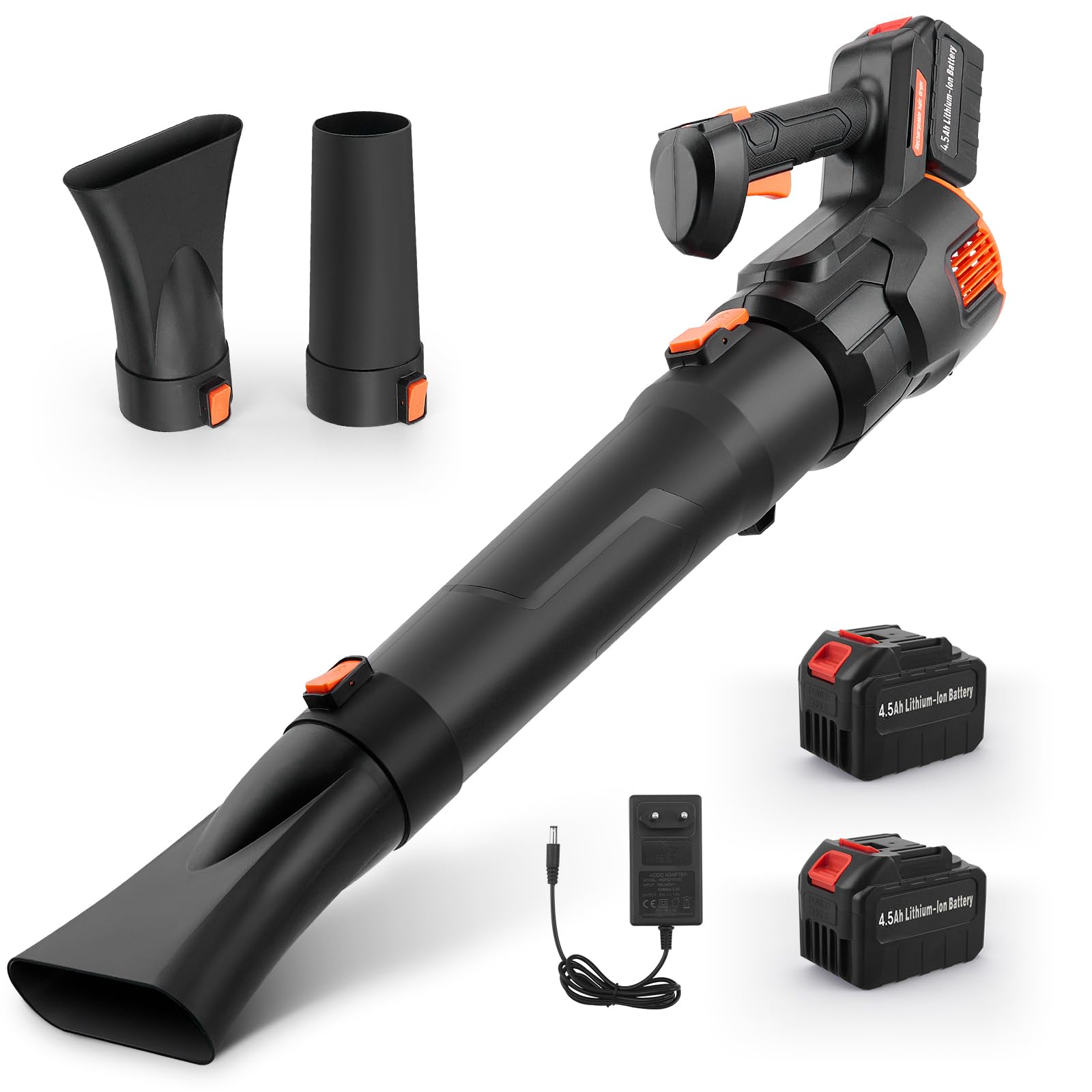 Soffiatore Foglie, Potente Soffiatore per Foglie a Batteria con Velocità Regolabili, Soffia Foglie con 2 Batterie da 4,5 Ah e Caricabatterie, Leaf Blower con 3 Tubi per la Cura del Prato, Foglie