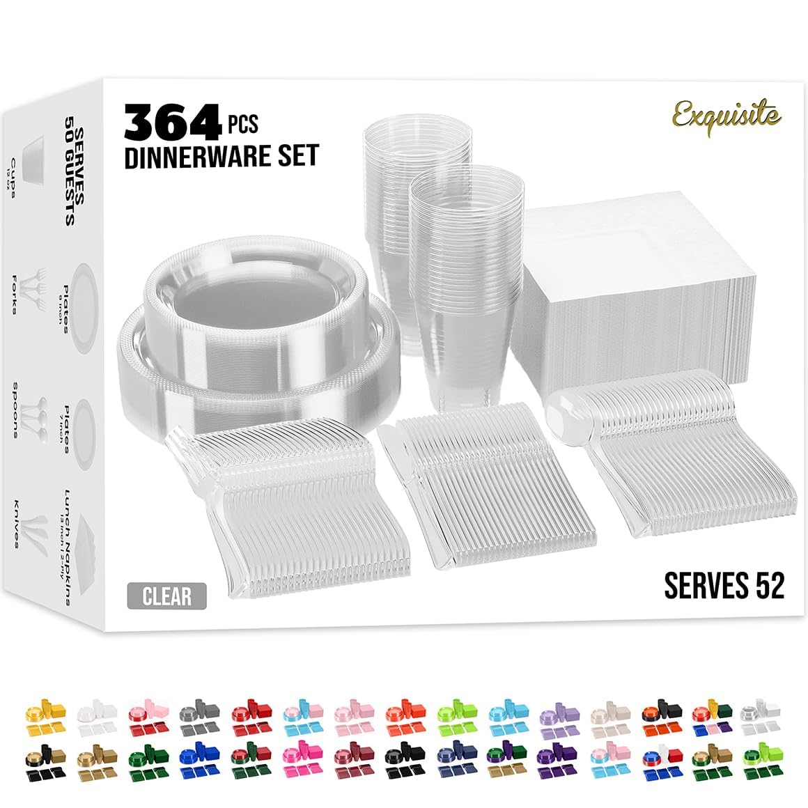 350 Pcs Clear Plastic Plates For Party, Clear Disposable Plates Set, 50 Of Each 9" Dinner Plate Set, 7" Dessert Plate, Cups, Napkins & Cutlery Plastic Dinnerware Exquisite