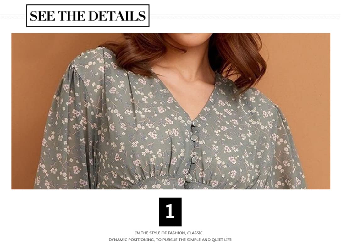 Adhdyuud Vestido midi de manga larga con cuello en V y estampado floral para mujer