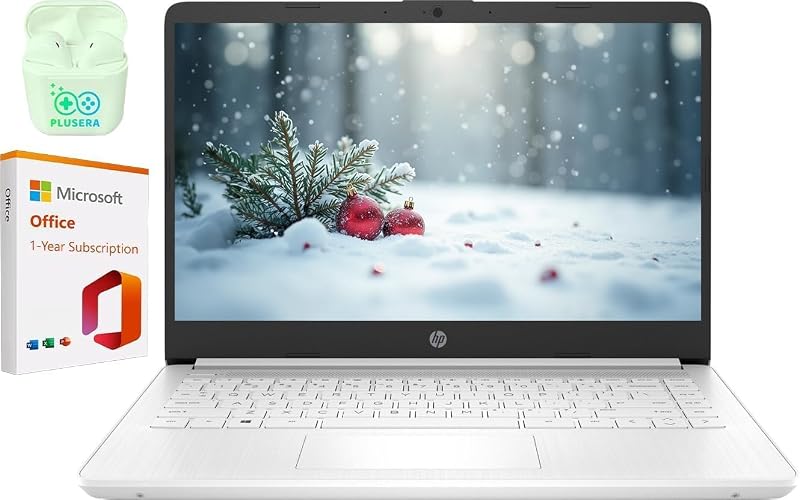 HP 14" Business Laptop, 1-Year Office 365 with Copilot AI, 16GB RAM 320GB Storage (256GB SSD+64GB SSD), Dual-Core Intel Processor, Win 11, PLUSERA Earphones, Snowflake White–Best Value
