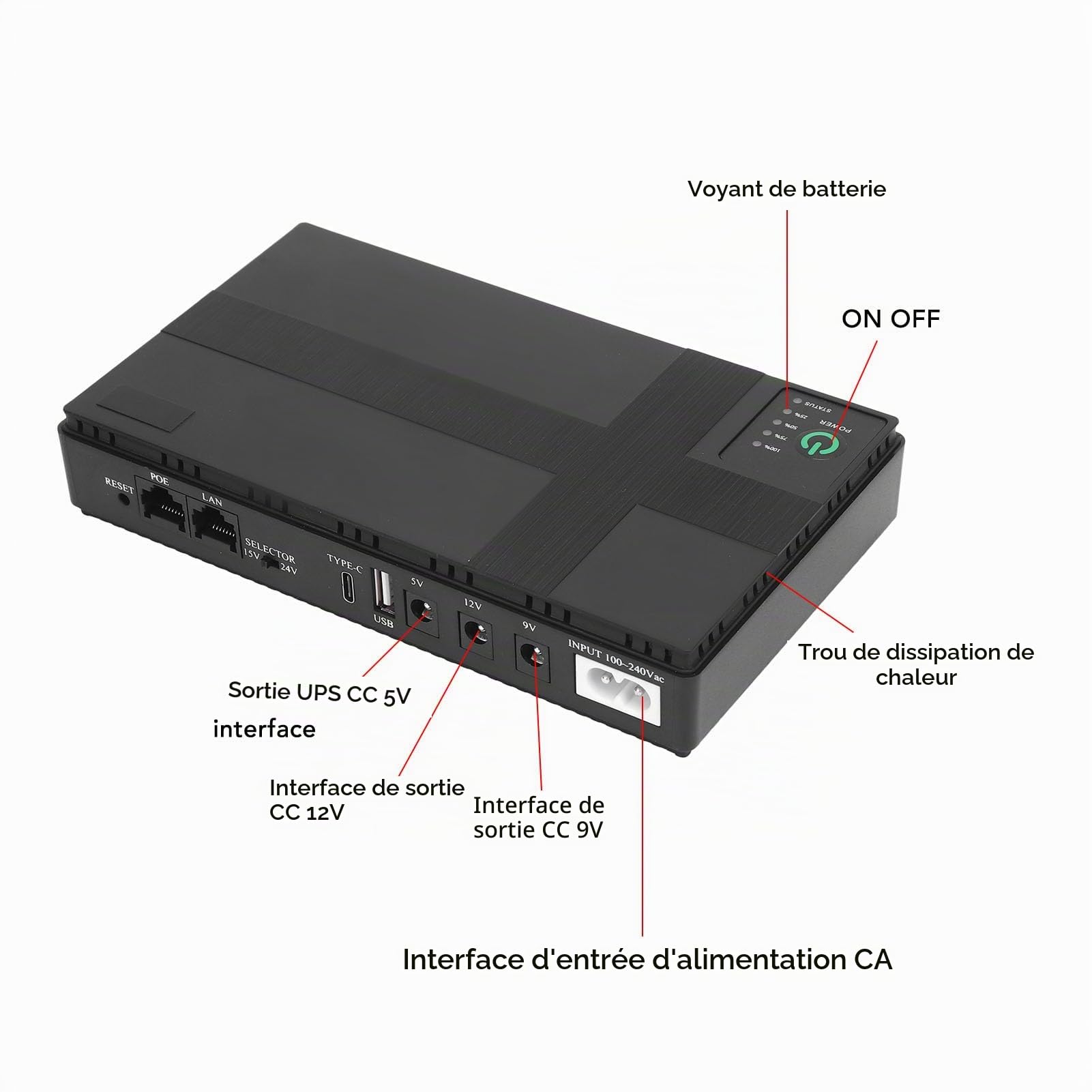 Batterie UPS 20000mAh Alimentation sans Interruption Ports Sortie pour système sécurité caméra routeur Maison Bureau Surveillance