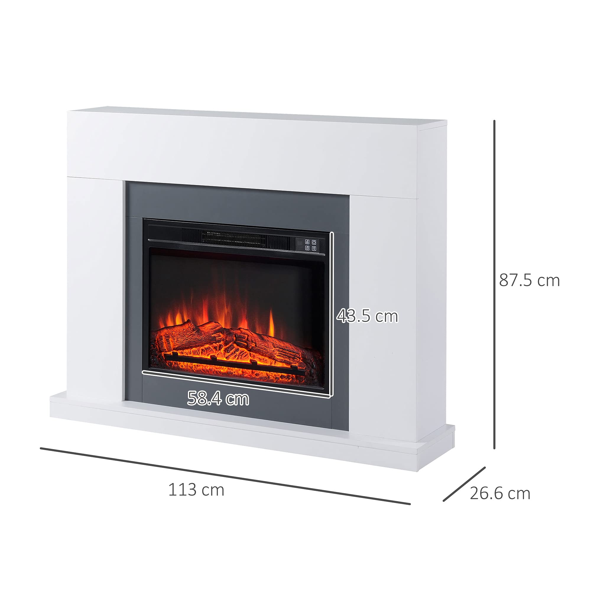 HOMCOM Camino Elettrico a Terra con Effetto Fiamma e Riscaldamento, 1800/2000W, con Telecomando, Termostato, Protezione da Surriscaldamento, Copertura 37m², Timer 7 Giorni, Bianco