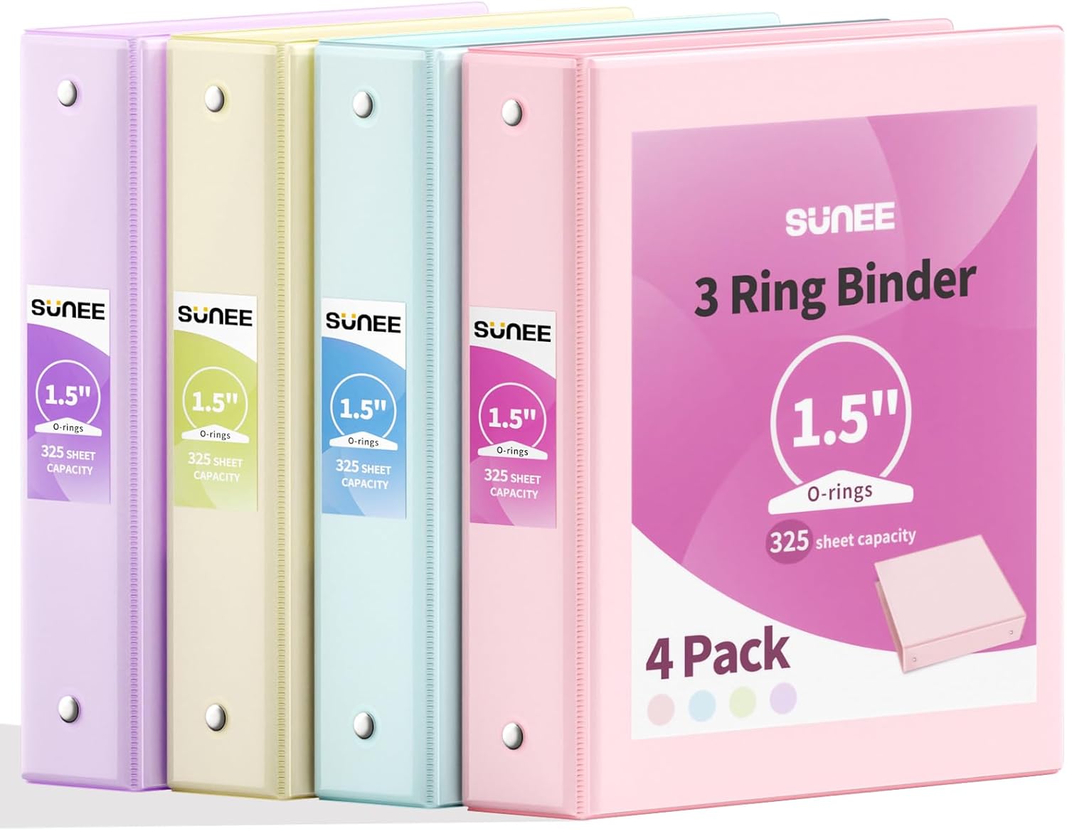 SUNEE 1.5 Inch Binders 3 Ring 4 Pack, Clear View 1 1/2 Inch Binders Three Ring PVC-Free (Fit 8.5x11 Inches) for School or Office Supplies, Assorted Pastel Pastel 1.5 Inch