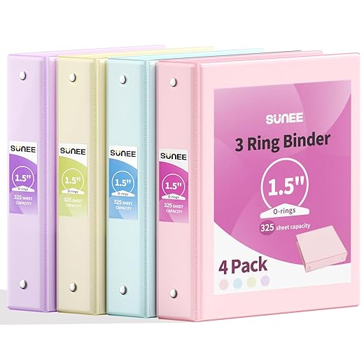SUNEE 1.5 Inch Binders 3 Ring 4 Pack, Clear View 1 1/2 Inch Binders Three Ring PVC-Free (Fit 8.5x11 Inches) for School or Office Supplies, Assorted Pastel