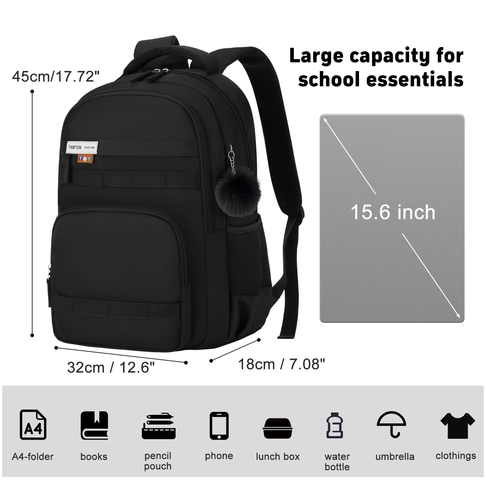 YAMTION Sac à dos noir pour homme et femme, sac à dos de voyage pour ordinateur portable de 15,6", sac d'école avec grande capacité, sac à dos décontracté pour adolescents, garçons et filles, collège