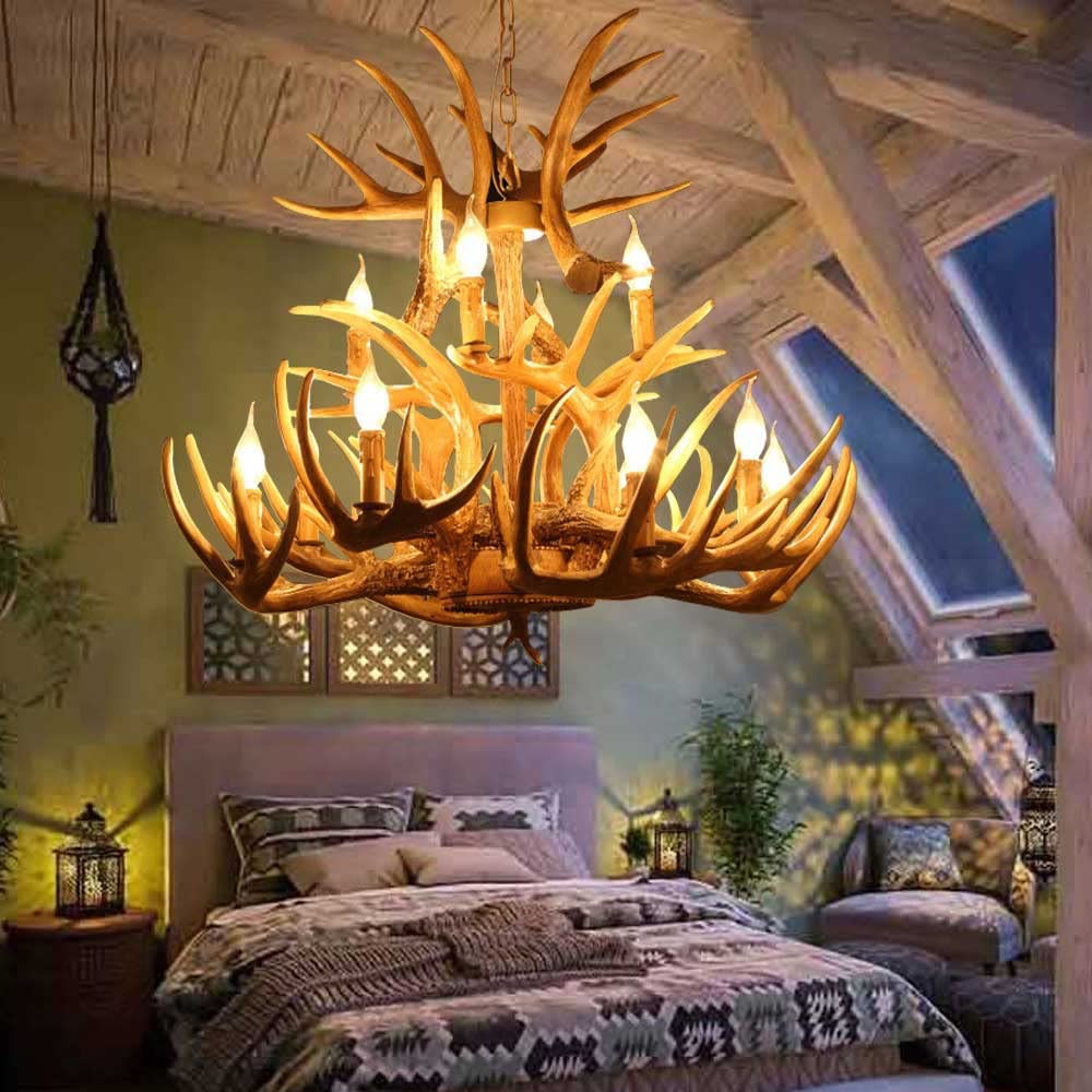 SYAXVOM Antler Chandelier Large, 8+4 Light, Retro Country Style Resin Deer Chandelier E12 Base, for Home Coffee Hotel Store (15 Antlers + 12 Lights)