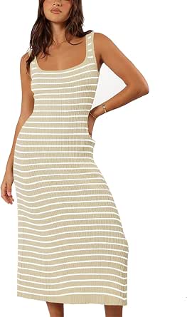 Outfeel Women's Striped Bodycon Midi Dress – Sleeveless Square Neck Ribbed Knit, Summer 2025 - View #9