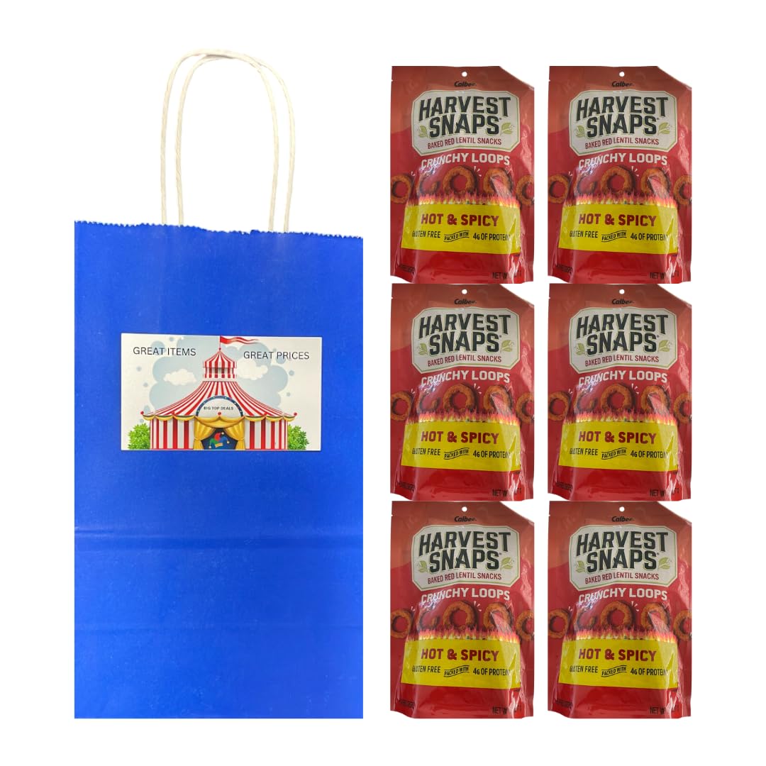 Big Top Deals USA Blue Paper Bag with 6-Pack Snaps Hot and Spicy Veggie Chips – 3oz Bags – Crunchy Snack Multipack – Packed in 5.25x3.2x8 Gift-Style