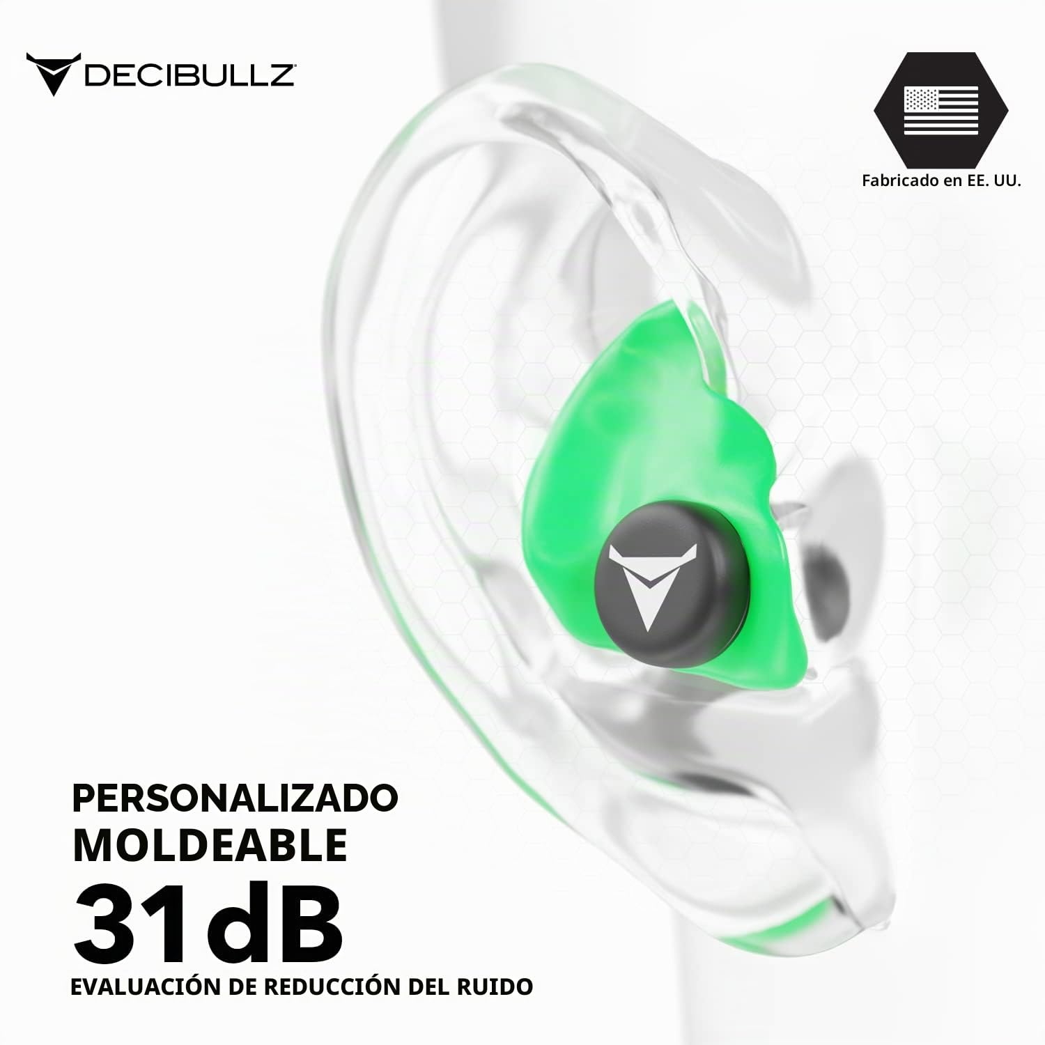 Decibullz - Tapones para los oídos moldeados a medida, 31 dB más alto, cómodo protección auditiva para disparos, viajes, trabajo y conciertos (verde)