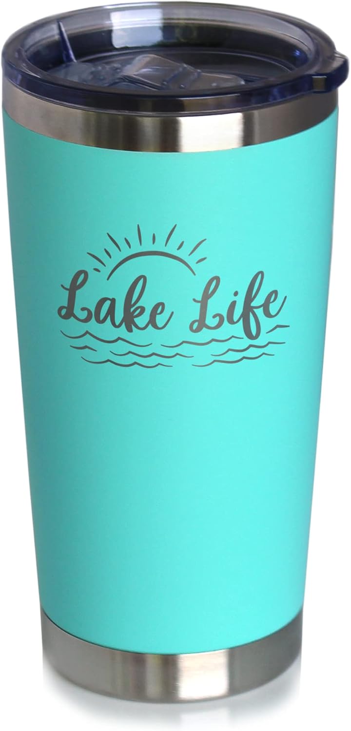 Bevvee Lake Life - Insulated Coffee Tumbler Cup with Sliding Lid - Stainless Steel Insulated Mug - Cute Outdoor Camping Mug and Lake House Decor - Teal