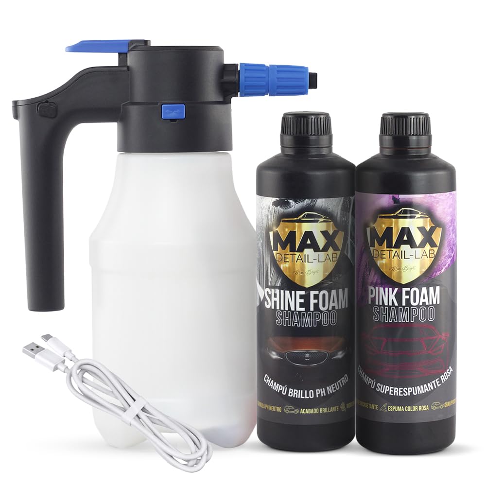 MAX DETAIL-LAB - E-Foam Pack - Kit Limpieza Coche Champú y Pulverizador a Batería Presión Foamer Eléctrico Espuma Activa, Snow Cherry Productos Lavado Exterior Detailing Profesional Auto Moto