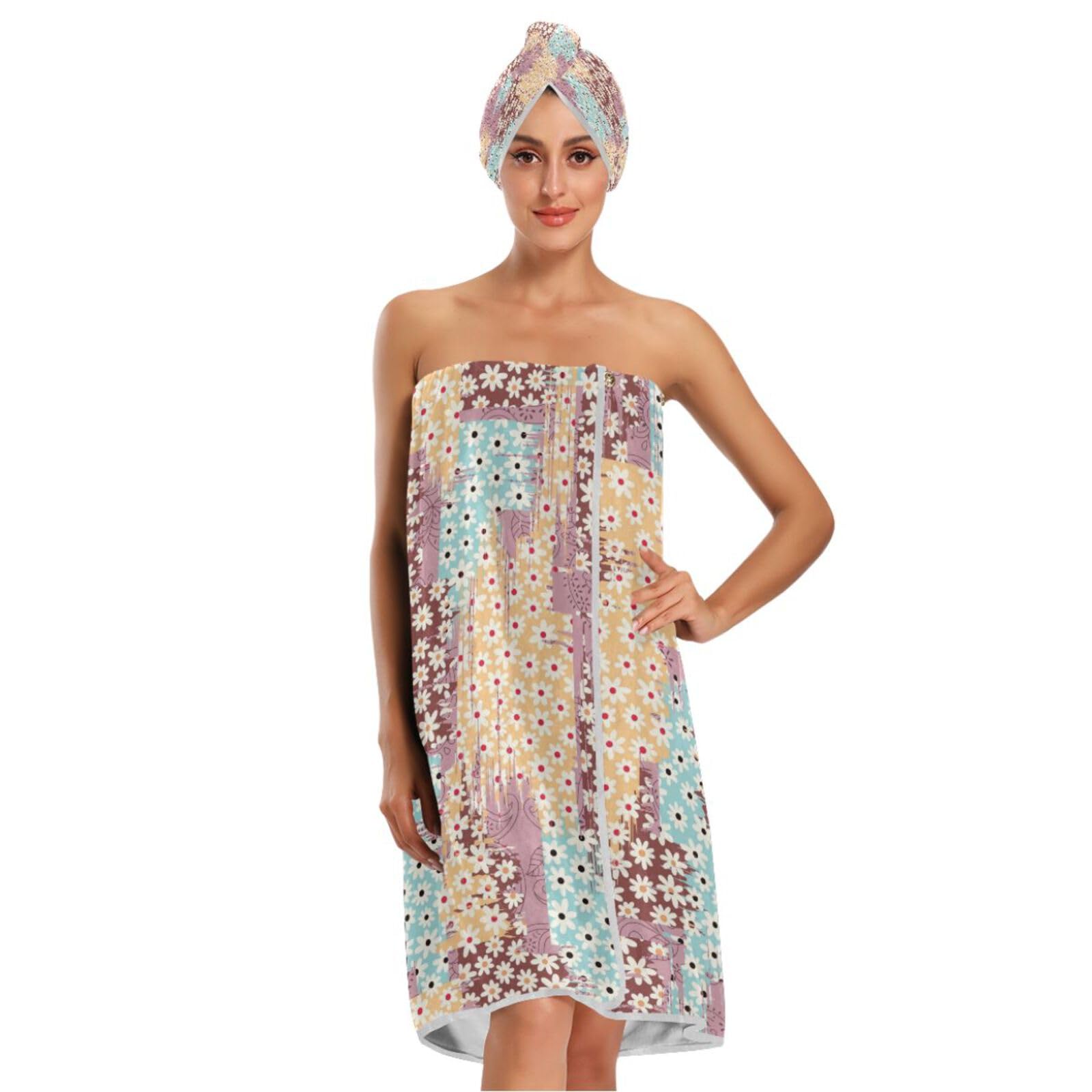 BOESI Fleur-de-lis (french-style Pattern) Bath Towel Set, Spa Wrap, Adjustable Closure Bathrobe, Bath Towel Set with Towel, Hair Strap and Dry Hat