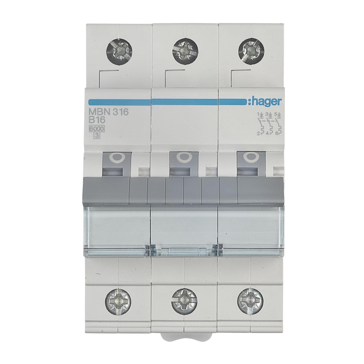 Hager Leitungsschutzschalter MBN316 3-polig B16A 6kA, LS-Schalter mit biconnect Klemmsystem, Sicherungsautomat für Drehstrom 230/400V, DIN-Schiene, 3 Module, Schutzschalter
