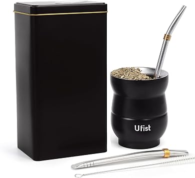 5in1 Yerba Mate Tea Cup Set with Large Square Yerba Mate Container (500g), 2pcs Bombilla Straws, Cleaning Brush, 4.8oz Mate Cup (URY)