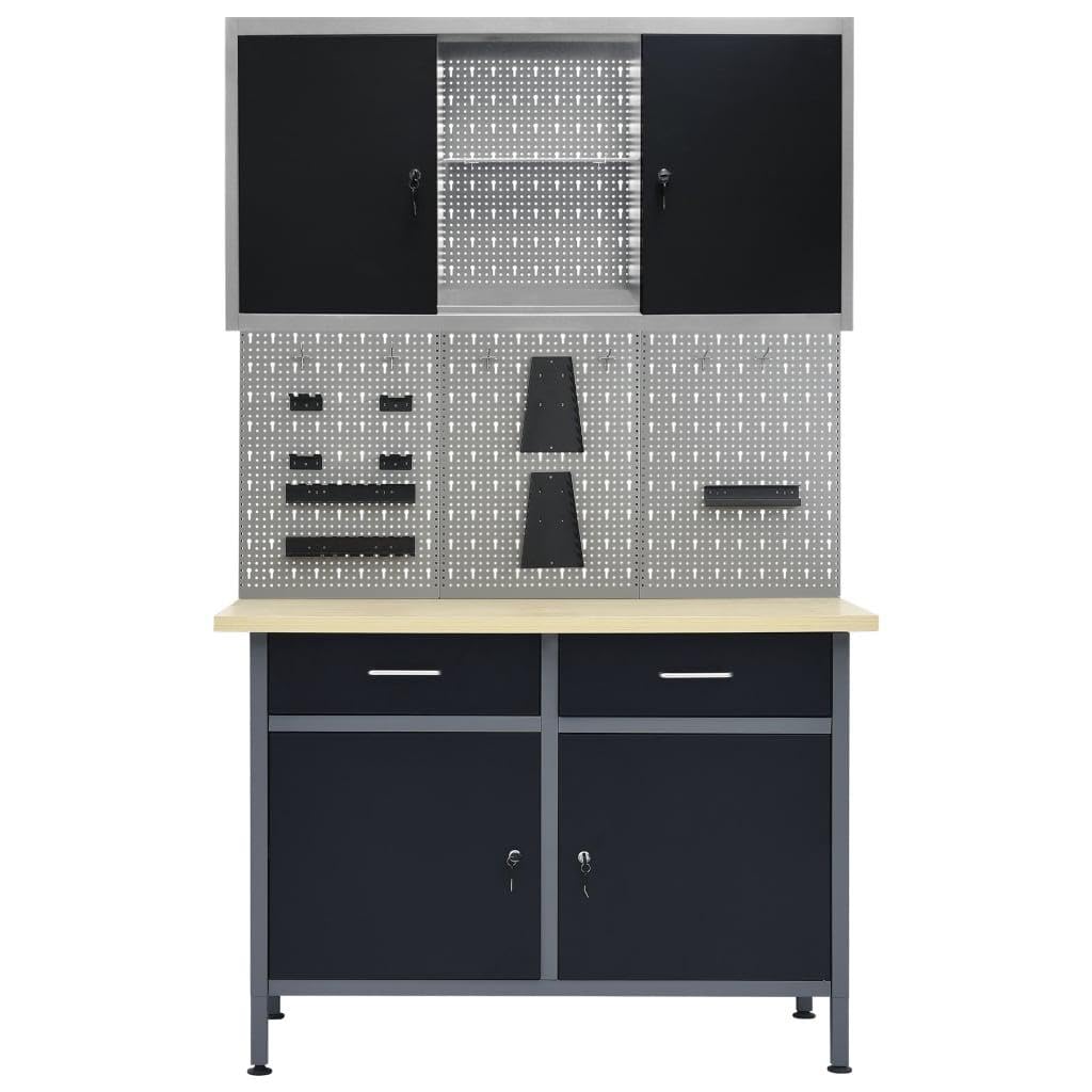 Banco da lavoro 120 cm con 3 pannelli da parete e 1 armadio Laboratorio tavolo da lavoro, grigio nero 02_0003661
