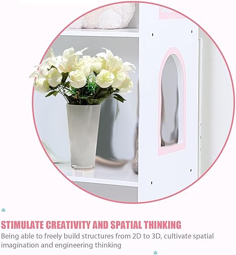 Miniatura 4 de Estantería para casa de muñecas para niños, estante de almacenamiento de MDF blanco de 4 niveles con techo rosa, ventanas decorativas, organizador