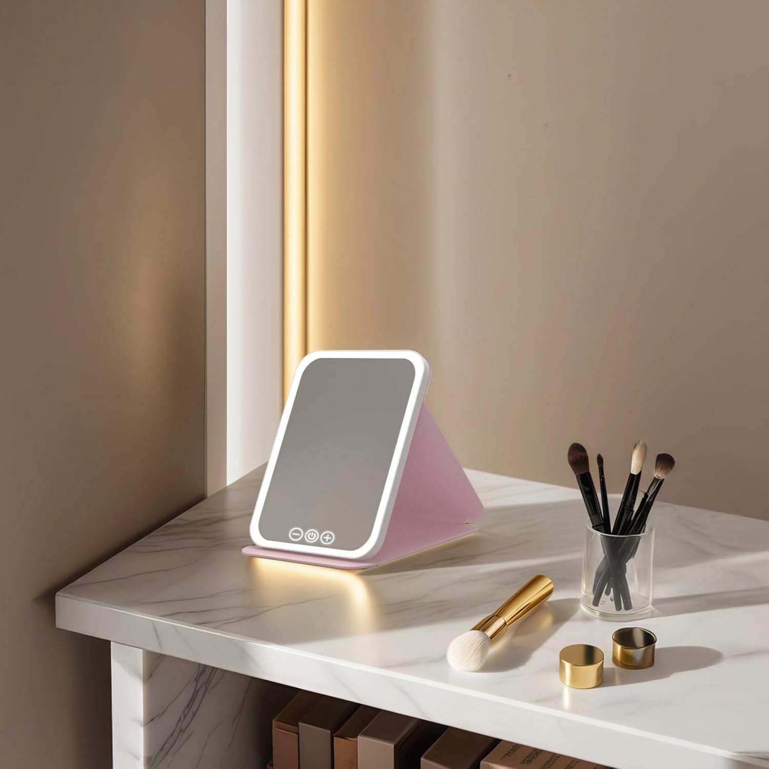 Rechargeable Travel Makeup Mirror with Led Lights, Touch Control, Foldable Design, Type-C Powered