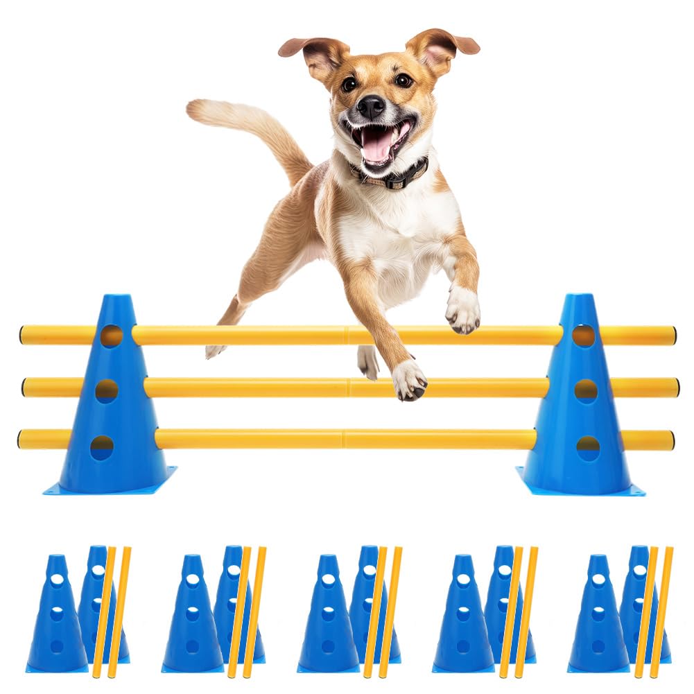 Agility Kit de sport pour chien Cavaletti - 10 cônes + 5 barres, avec barre et chapeau, pour l'entraînement des animaux et du football - Résistant aux intempéries et stable