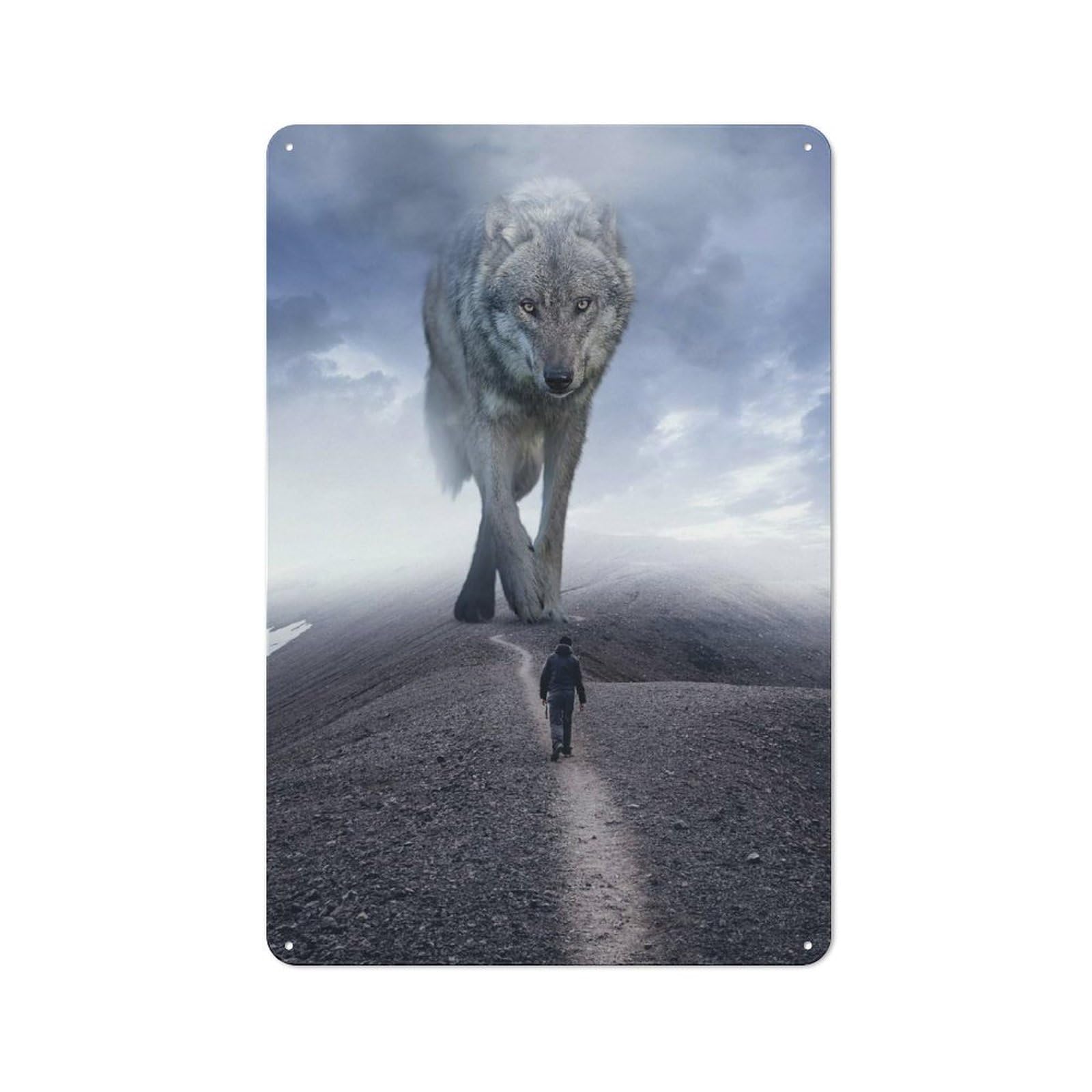 Junmoney Style-8 Retro Metal Wall Sign 30X20cm Featuring Giant Wolf Vs Man Mindset For Pub Or Café, For Garage, Workshop And Man Cave Decoration