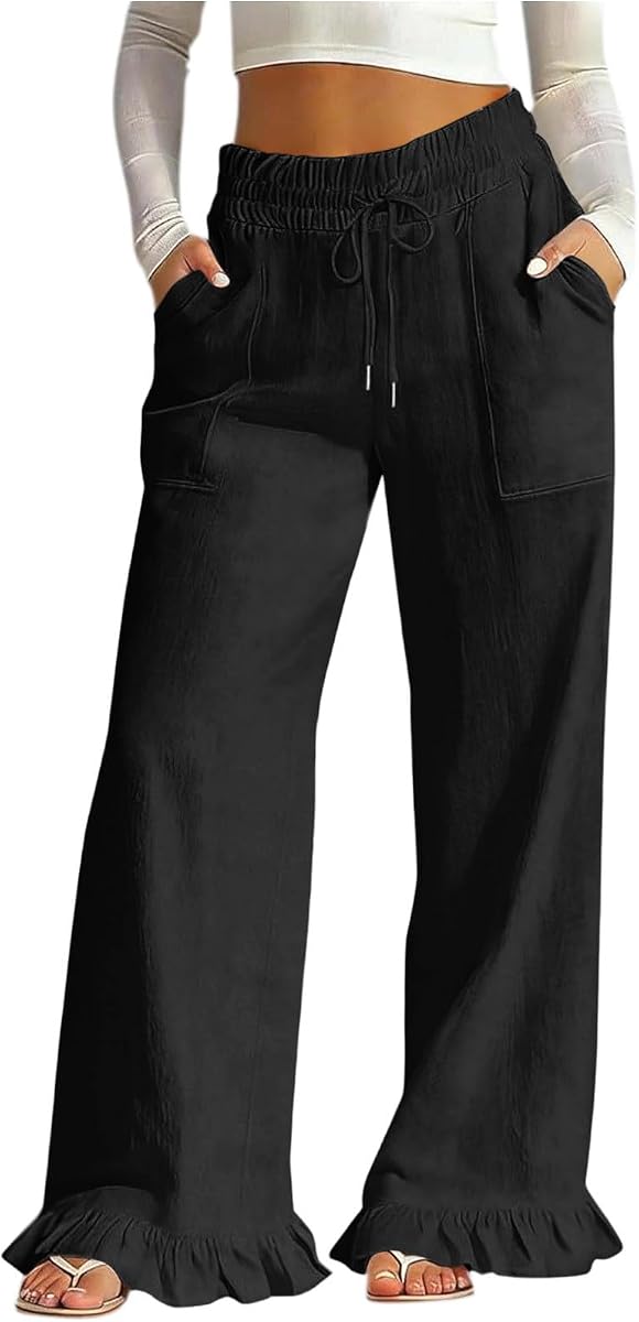 Women's Wide Leg Linen Pants High Waisted Cotton Beach Palazzo Pants Ruffle Hem Casual Loose Trousers with Pockets