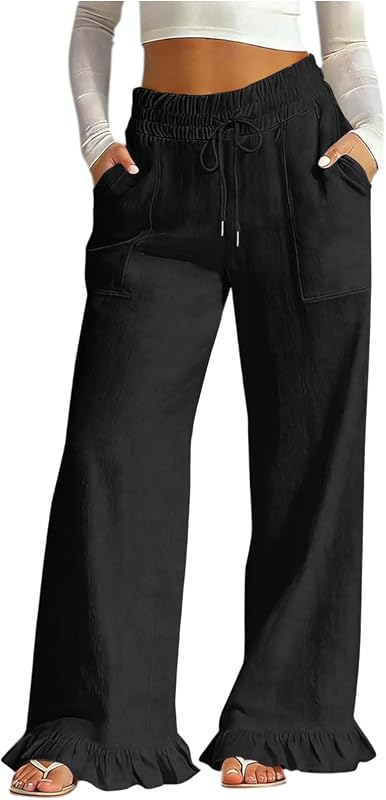 Women's Wide Leg Linen Pants High Waisted Cotton Beach Palazzo Pants Ruffle Hem Casual Loose Trousers with Pockets