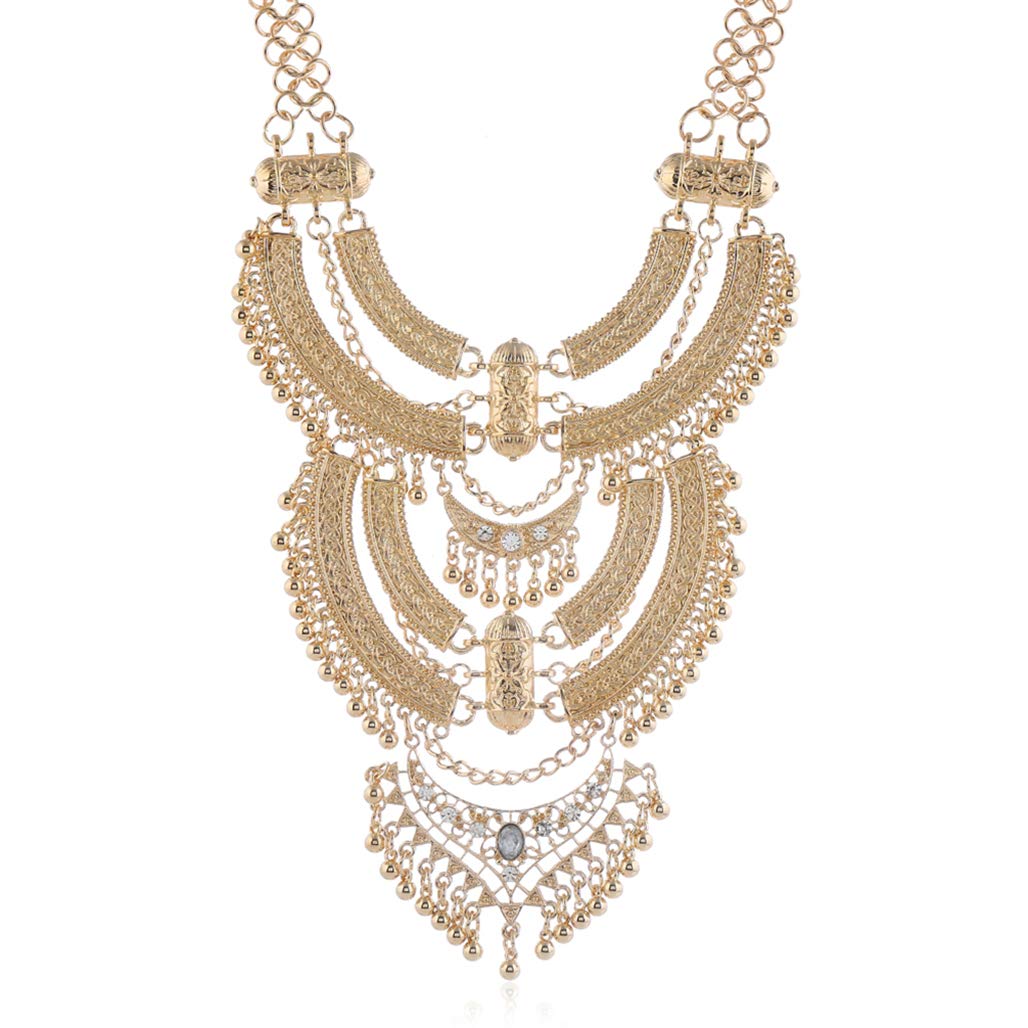 Thkmeet Ethnic Chunky Choker Necklace Bib Egypt Tribal Collar Necklaces, Vintage Caved Multilayer Indian Statement Jewelry