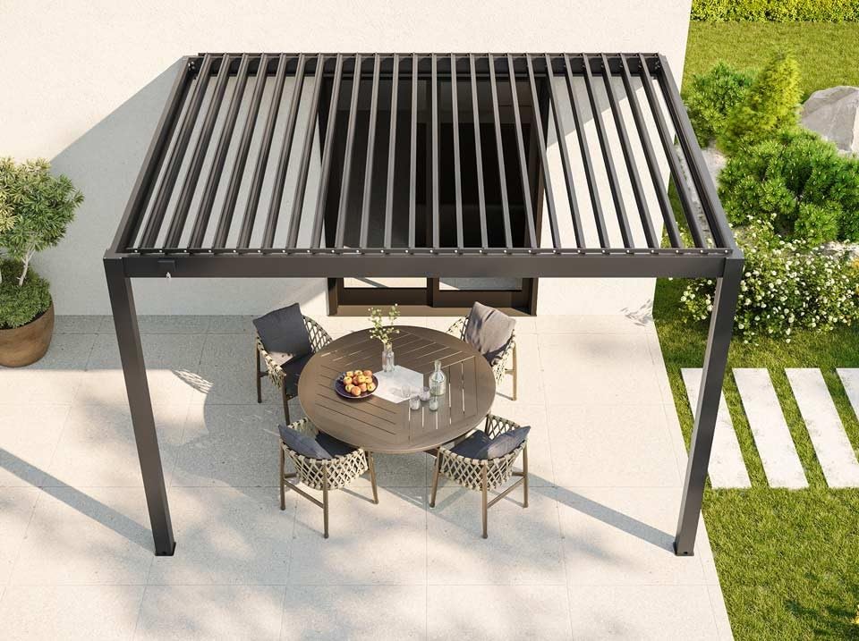 Direct ABRIS Pergola Bioclimatique Aluminium Adossée 12m² - 3x4m - Deux Stores Inclus - Anthracite - 29 Lames en Acier galvanisé - Inclinable à 90° - Tonnelle