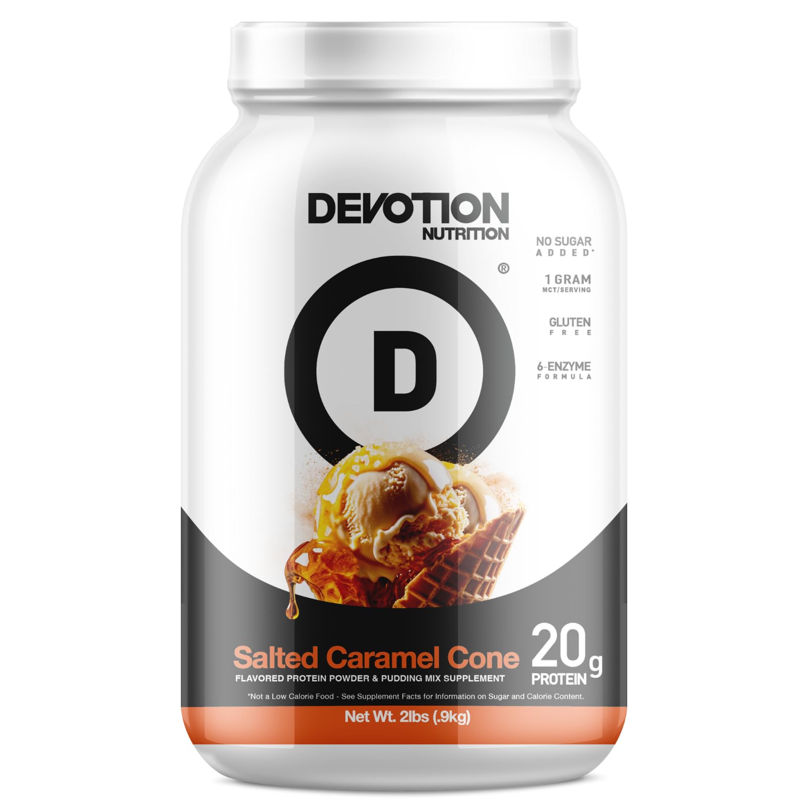 Mezcla de proteína en polvo Devotion Nutrition | Sin gluten, keto, sin azúcares añadidos | 1 g de MCT | 20 g de proteína de suero y micelar | Envase de 900 g (cono de caramelo salado)