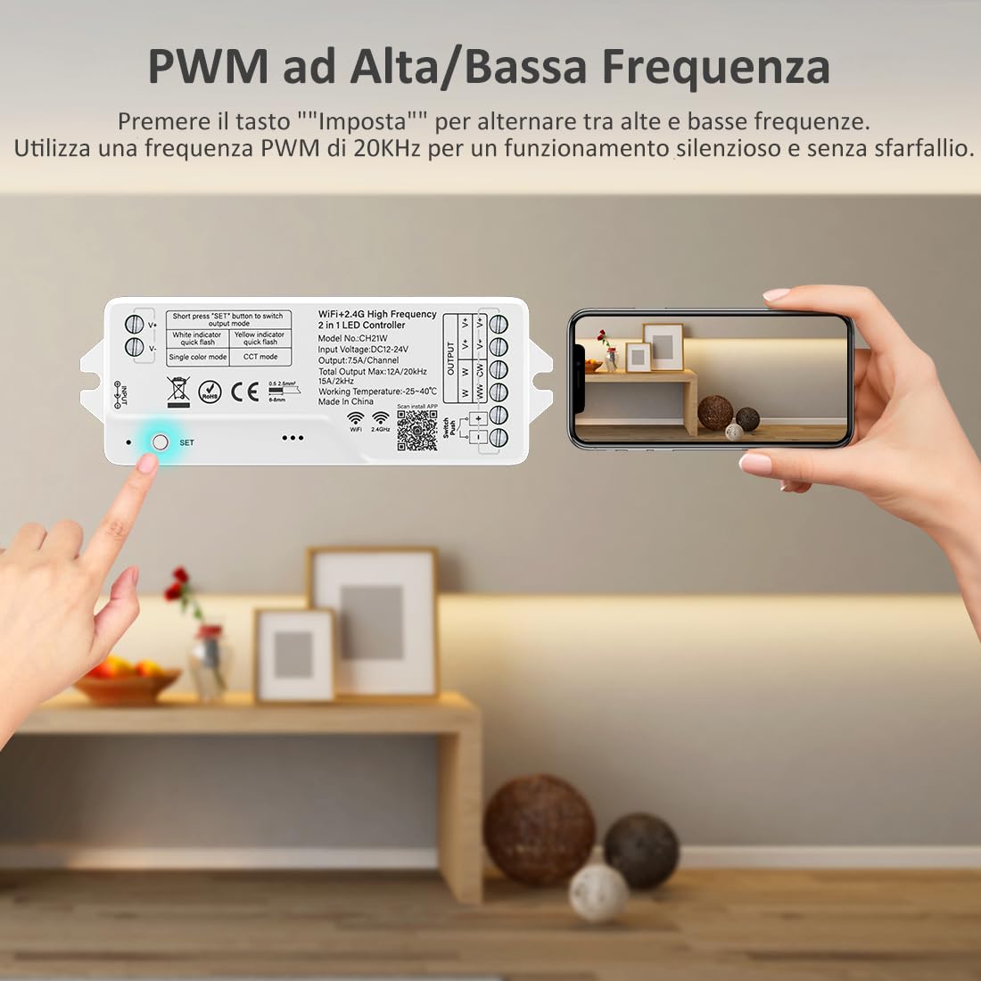 FCOB CH21W WiFi 2.4G CCT Monocromatico 2in1 Controllore LED Alta Frequenza | Alexa Google Assistant Tuya APP Controllo per striscia LED 5050SMD COB CCT monocolore Con RC01RFB RC02RFB DC12V DC24V