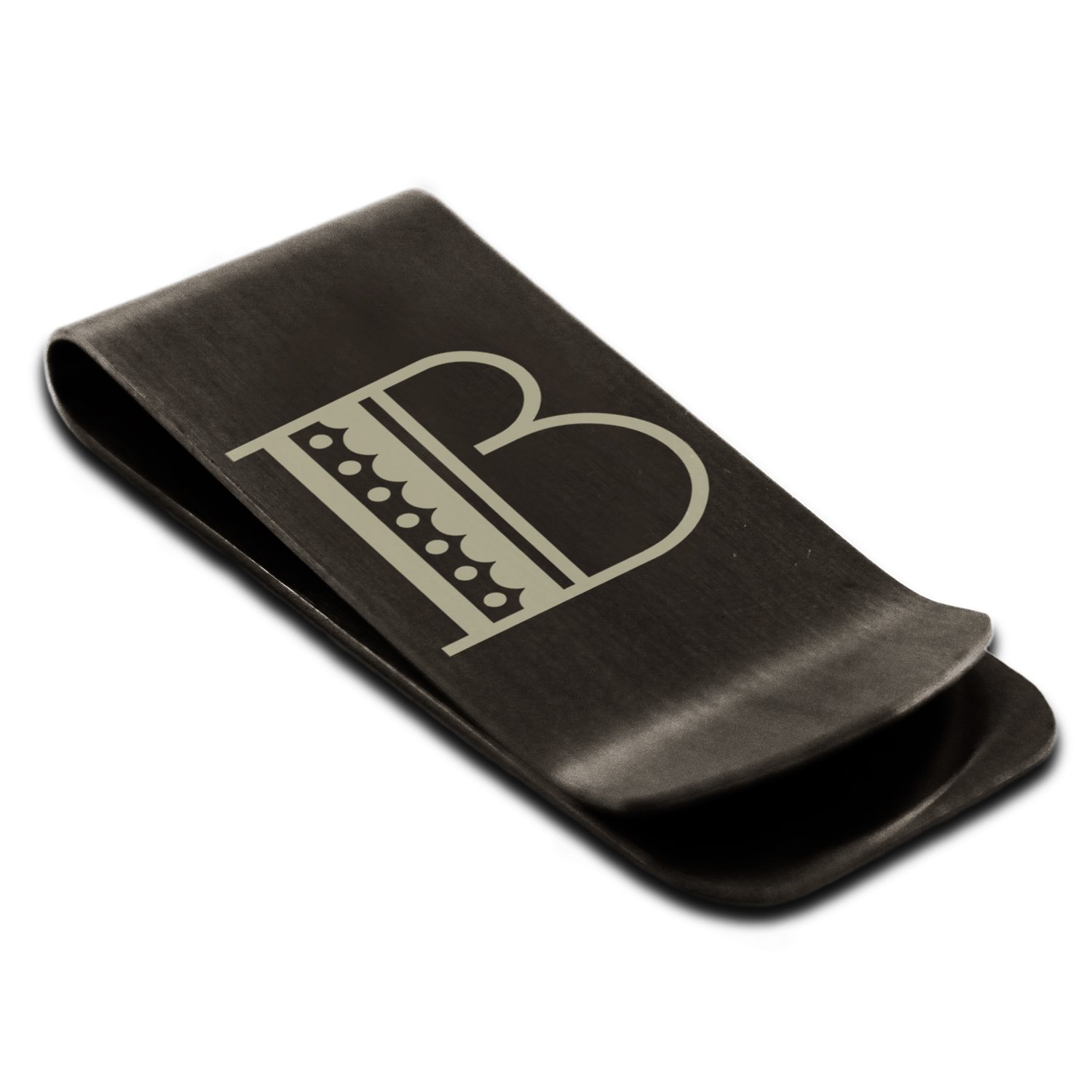 Tioneer Matte Black Stainless Steel Letter B Initial Metro Retro Monogram Engraved Money Clip Credit Card Holder