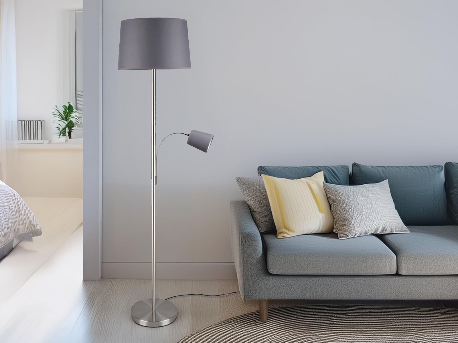 meineWunschleuchte Lampa podłogowa z lampką do czytania w kolorze srebrnym matowym z kloszem z tkaniny Ø40cm w kolorze szarym, SP1010218G