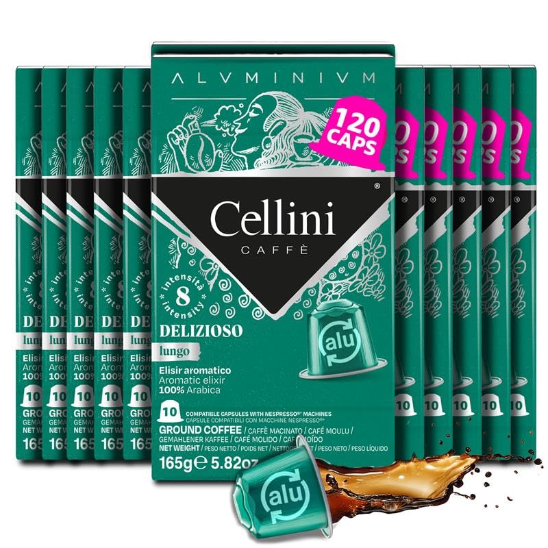 Cellini Caffe Delizioso Lungo Aluminum Nespresso Pods, 120 Count, Medium Roast Coffee Capsules, 100% Nespresso Original Machine Compatible