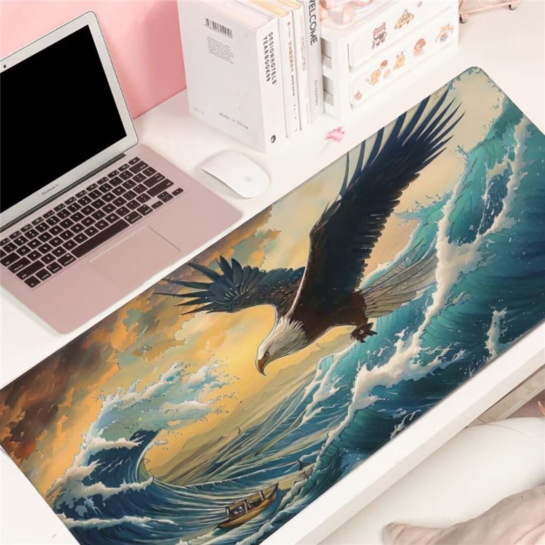 Alfombrilla de ratón 1400x600x3 MM, Alfombrilla Ratón XXL Extendida de Gran Tamaño con Bordes Cosidos, Base de Goma Antideslizante Almohadilla para Teclado, Águila de Las Olas S-4589