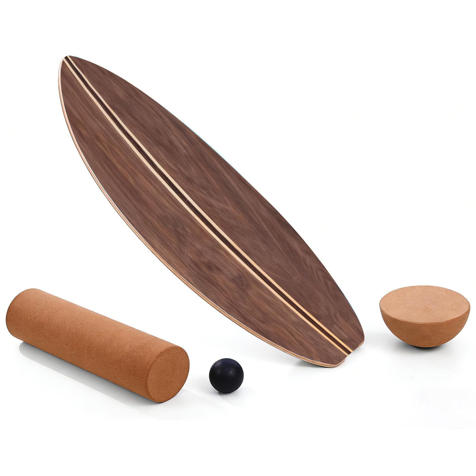 Balance Board, Holz Balance Board Erwachsene Gleichgewichtstrainer Mit Korkrolle, Kork Halbkugel und Gummiball, Balance-Trainer mit rutschfester Oberflächenbehandlung