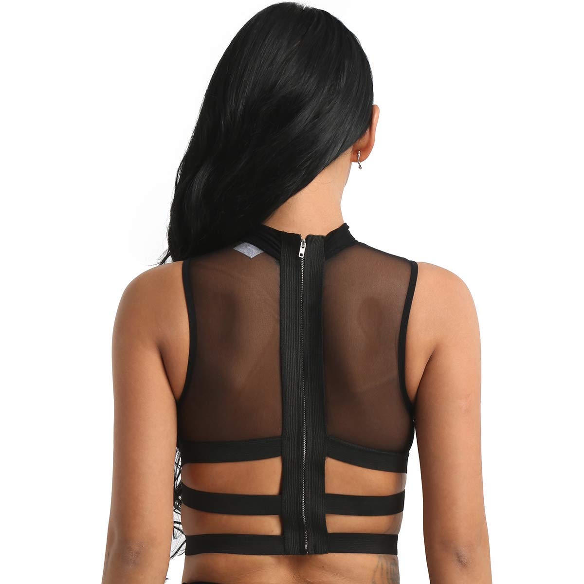 Turtle Neck Sheer Mesh Crop Top See Through Crisscross Vest Blouse Clubwear