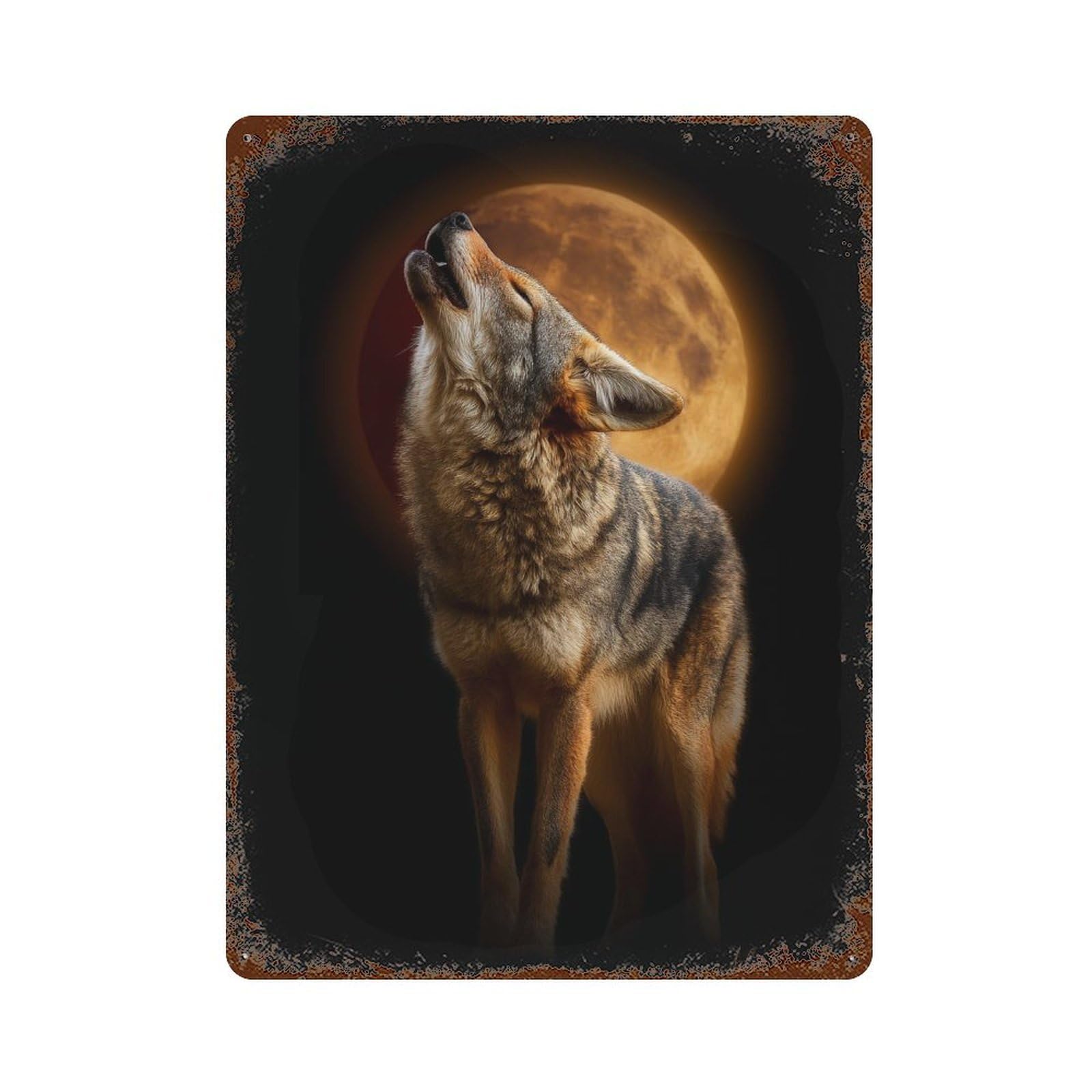 Rust Effect Wolf Howling at Full Moon-3 Rustic Tin Plaque 15.7"x11.8", Shabby Chic Decor for Basement, Hobby Room And Garage Decor