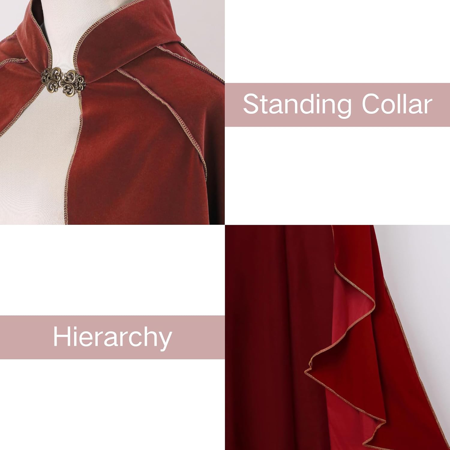 Women's Medieval Velvet Cloak, Renaissance Cape Stand-Up Collar Queen Princess Costume Halloween Christmas Wedding